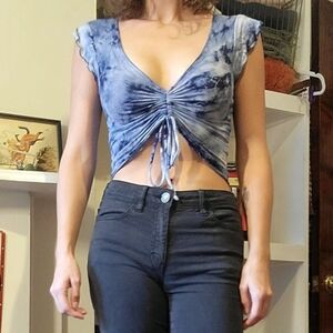 Blue Tie-Dye Ruched Crop Top